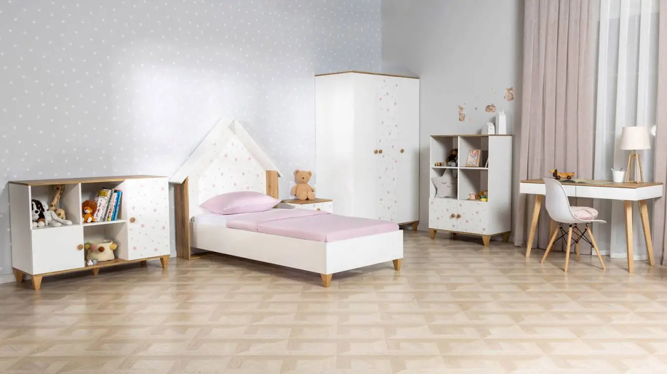 Шкаф трехдверный Nicky, цвет: Белый премиум + Дуб Натюрель + Розовый декор фото - 2 - большое изображение