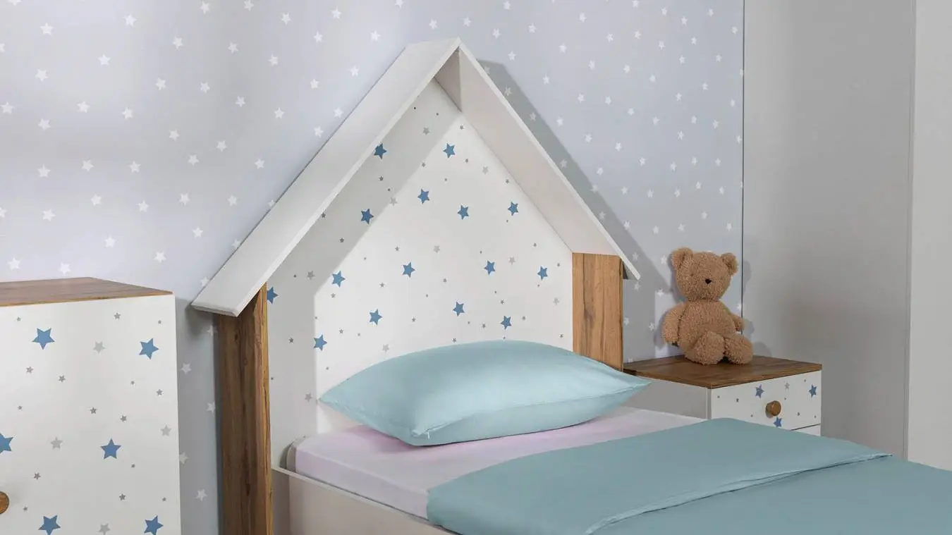 Детская кровать Nicky, цвет: Белый премиум + Дуб Натюрель + Голубой декор фото - 3 - большое изображение