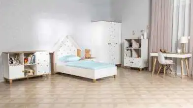 Детская кровать Nicky, цвет: Белый премиум + Дуб Натюрель + Голубой декор фото - 2 - превью