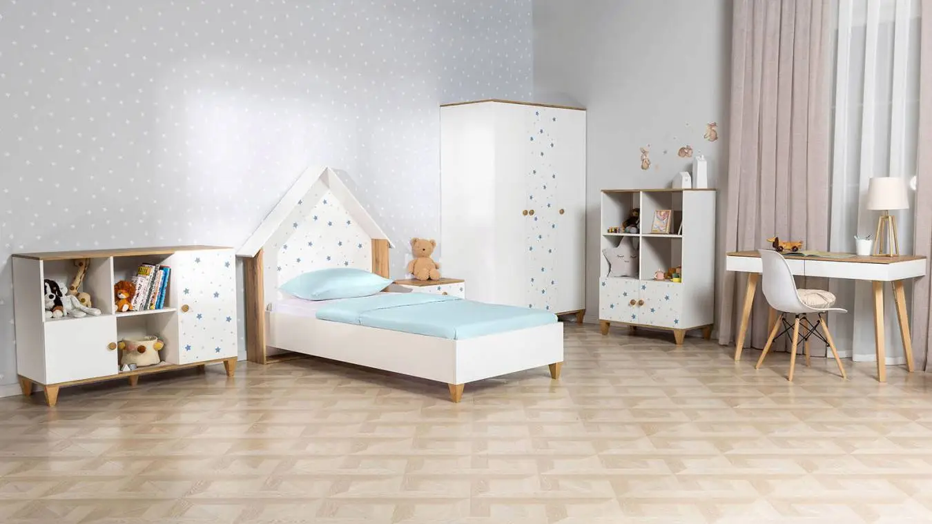 Детская кровать Nicky, цвет: Белый премиум + Дуб Натюрель + Голубой декор фото - 2 - большое изображение